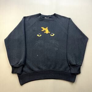 Vintage Cat Sweatshirt Womens Small Black Nature Kitten Eyes Goldfish USA 80s